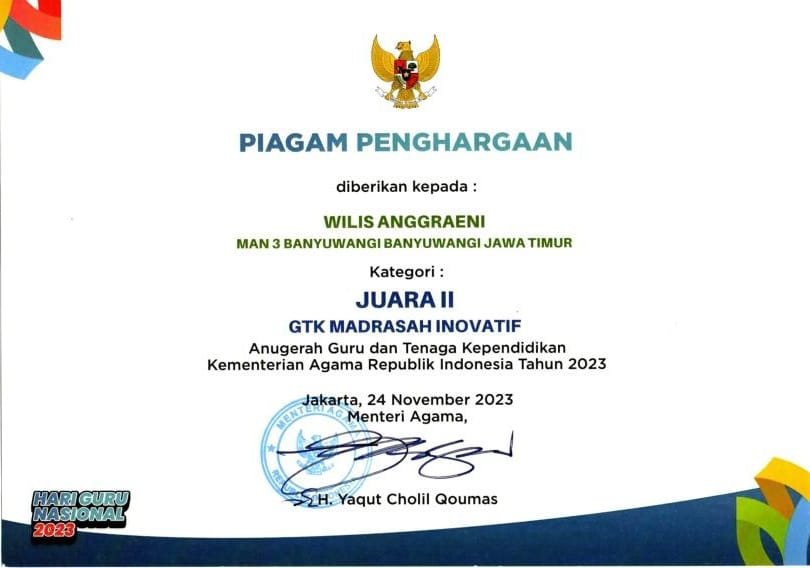 PIAGAM PENGHARGAAN JUARA II GTK MADRASAH INOVATIF